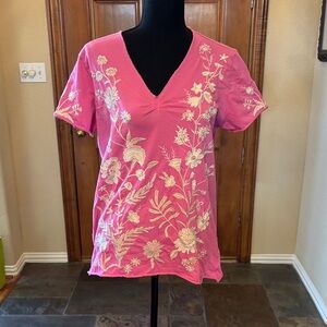 Johnny Was Pink Floral Embroidered Tee